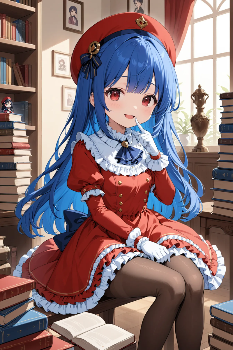 02094-315922696-1girl, solo, masterpiece, best quality, indoors, pose , _d, ascot, blue hair, book, book stack, chibi, dress, fi.webp